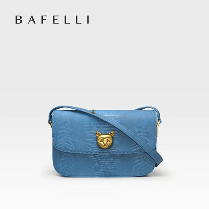 Kastenförmige Ledertasche, Retro-Blue Umhängetasche mit Katzenkopf-Schließe