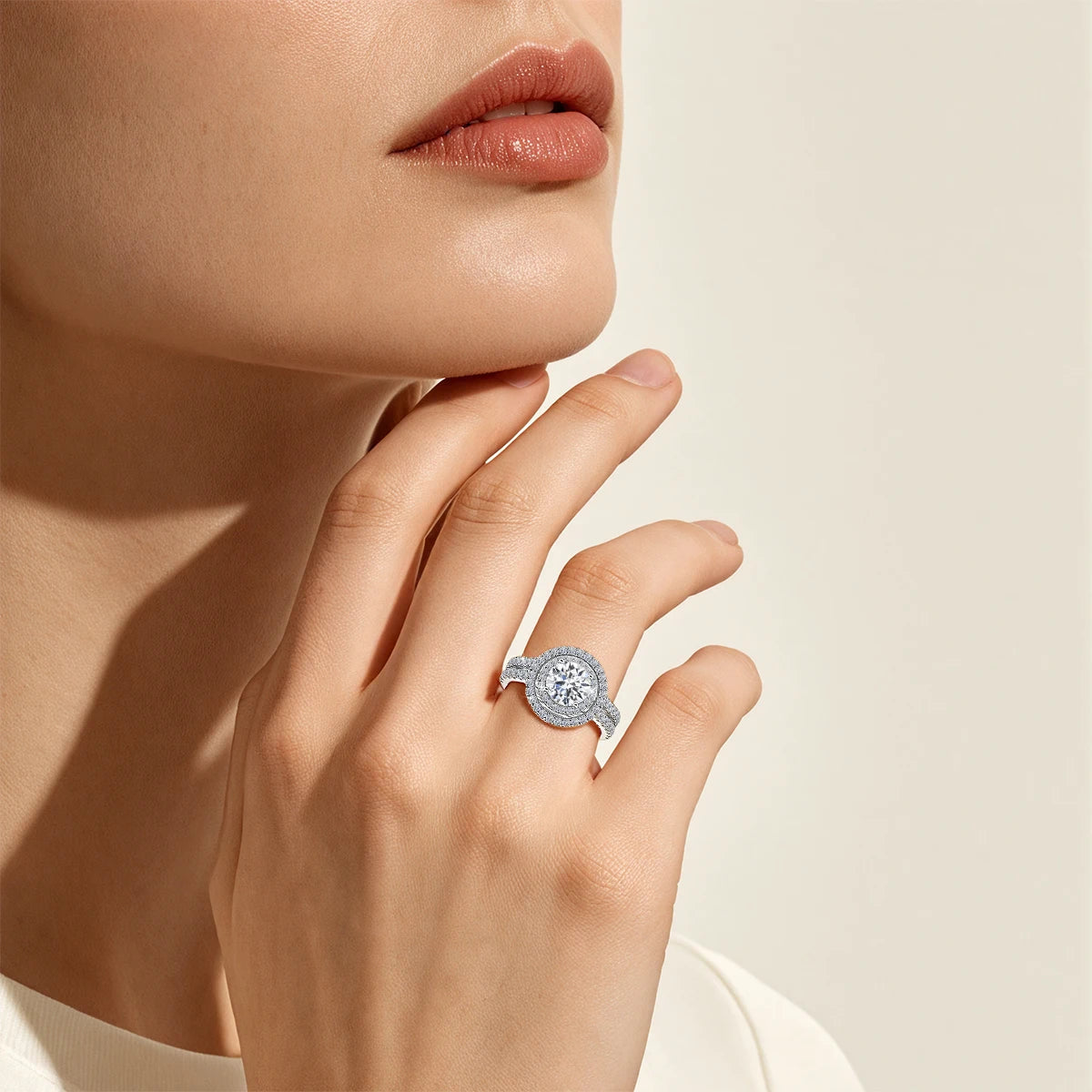 Damen-Verlobungsring-Set aus 925er Silber mit Moissanit Doppel-Halo 7 mm 1,2 ct Luxus-Schmuck