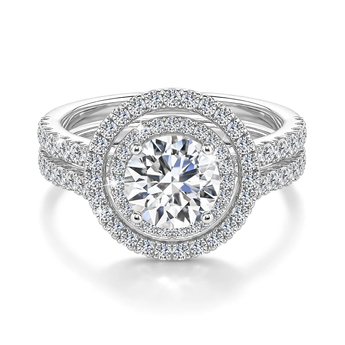 Damen-Verlobungsring-Set aus 925er Silber mit Moissanit Doppel-Halo 7 mm 1,2 ct Luxus-Schmuck
