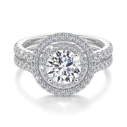 Damen-Verlobungsring-Set aus 925er Silber mit Moissanit Doppel-Halo 7 mm 1,2 ct Luxus-Schmuck