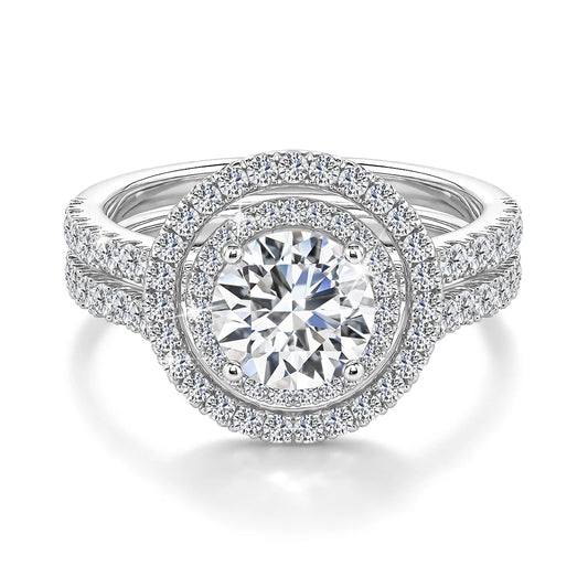 Damen-Verlobungsring-Set aus 925er Silber mit Moissanit Doppel-Halo 7 mm 1,2 ct Luxus-Schmuck