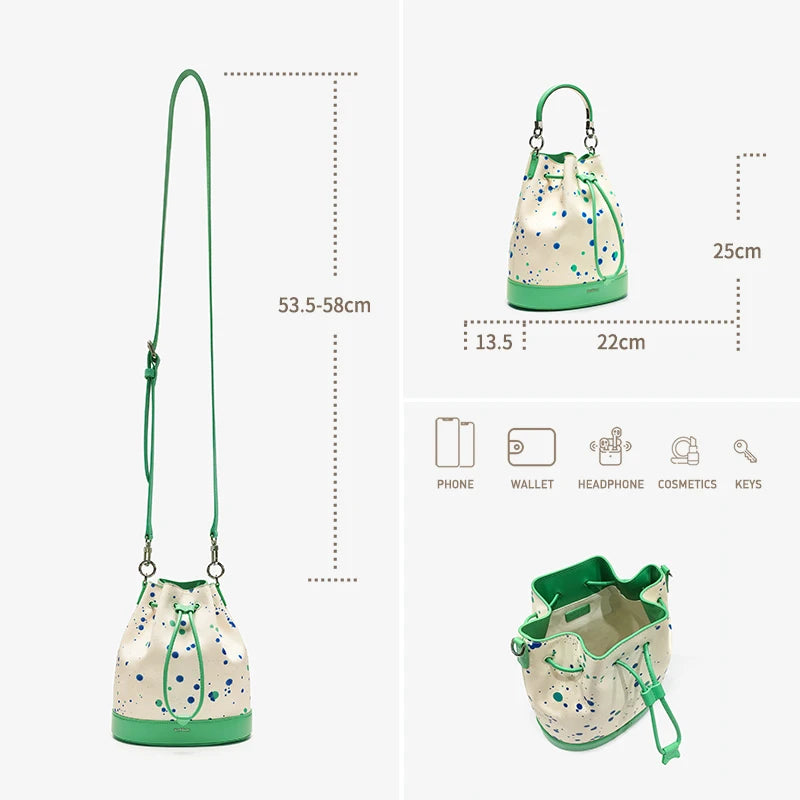 Damen-Handtasche aus Leder mit Tragriemen; Maßen und Innenfächer-Übersicht