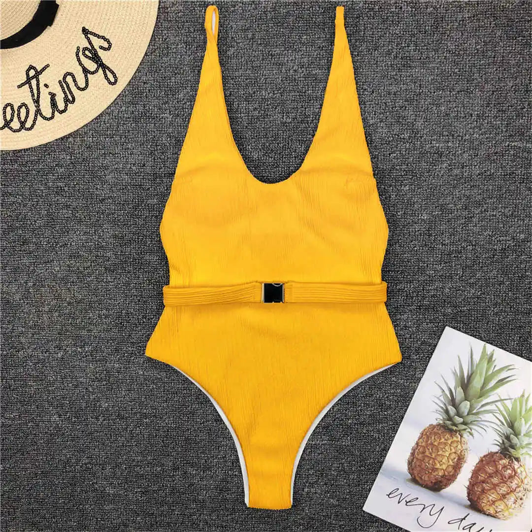 Damen-Badeanzug gerippt High-Cut Gürtel Monokini 6 Farben