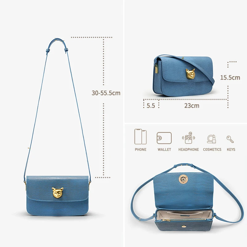 Retro-Blue Umhängetasche aus Leder mit Katzenkopf-Schließe und Tragegurt