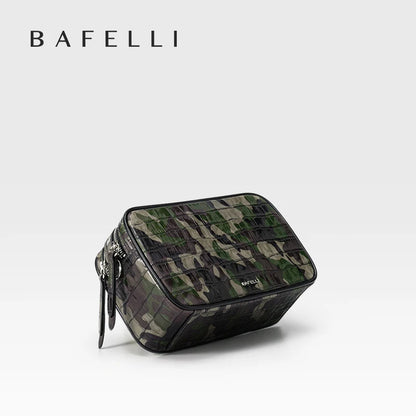 Kameratasche aus Leder mit Camouflage-Muster, seitlicher Reißverschluss
