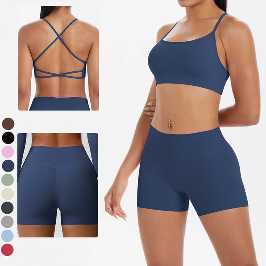 Dunkelblaues Yoga-Set mit Crop-Top und Shorts, gekreuzter Rückenträger-Optik