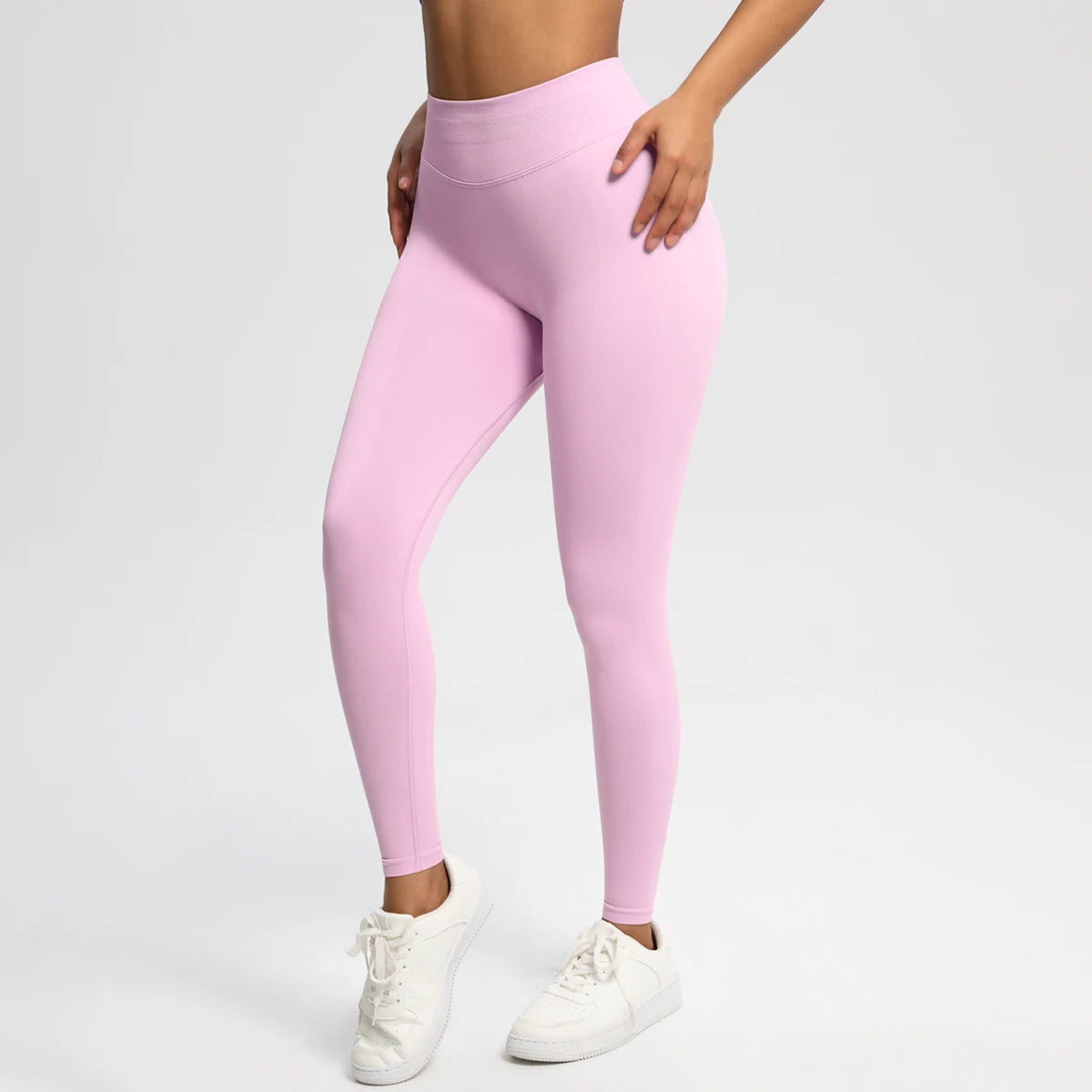 Nahtlose High-Stretch-Leggings in Pastellrosa, körperbetont mit langem Bein