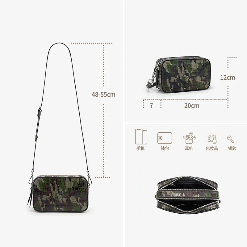 Kleine Kameratasche aus Leder mit Camouflage-Muster und Schulterriemen