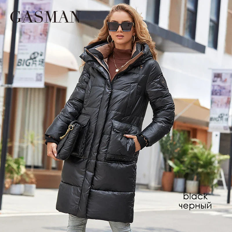 Langer Damen-Winterdaunenmantel mit Kapuze und Retro-Design – warmes, elegantes Parka-Modell aus Baumwolle