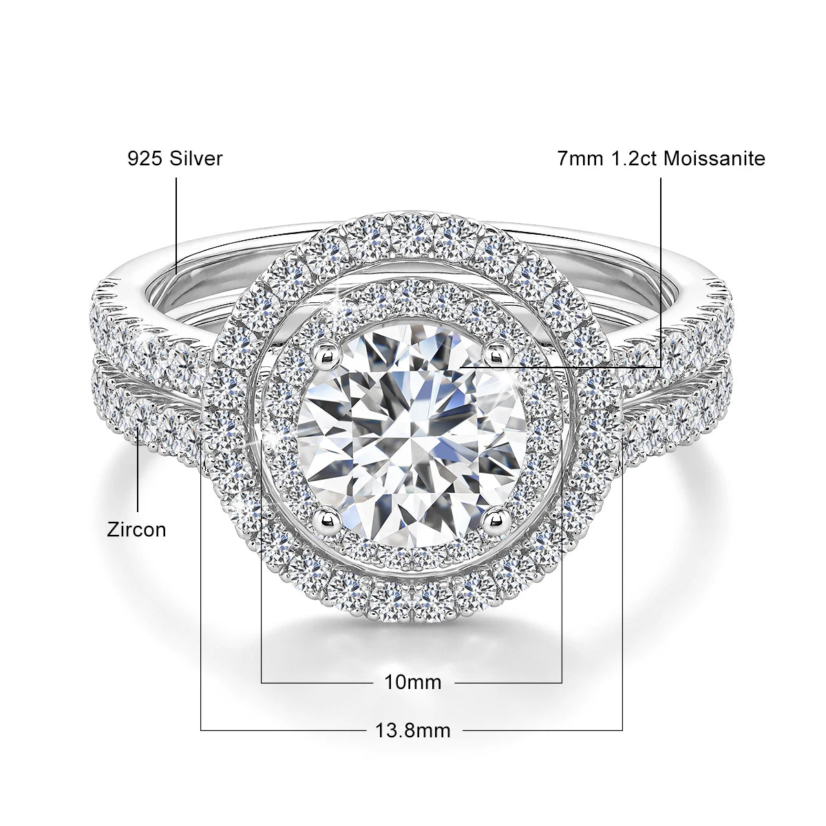 Damen-Verlobungsring-Set aus 925er Silber mit Moissanit Doppel-Halo 7 mm 1,2 ct Luxus-Schmuck
