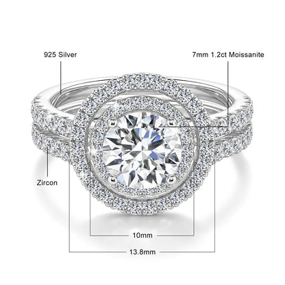 Damen-Verlobungsring-Set aus 925er Silber mit Moissanit Doppel-Halo 7 mm 1,2 ct Luxus-Schmuck