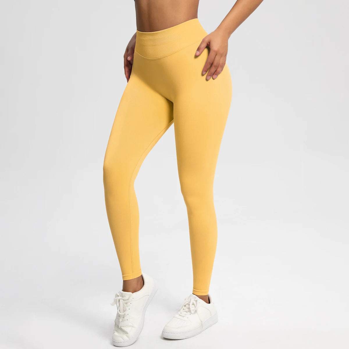 Nahtlose High-Stretch-Leggings in Senfgelb, körperbetont mit langem Bein