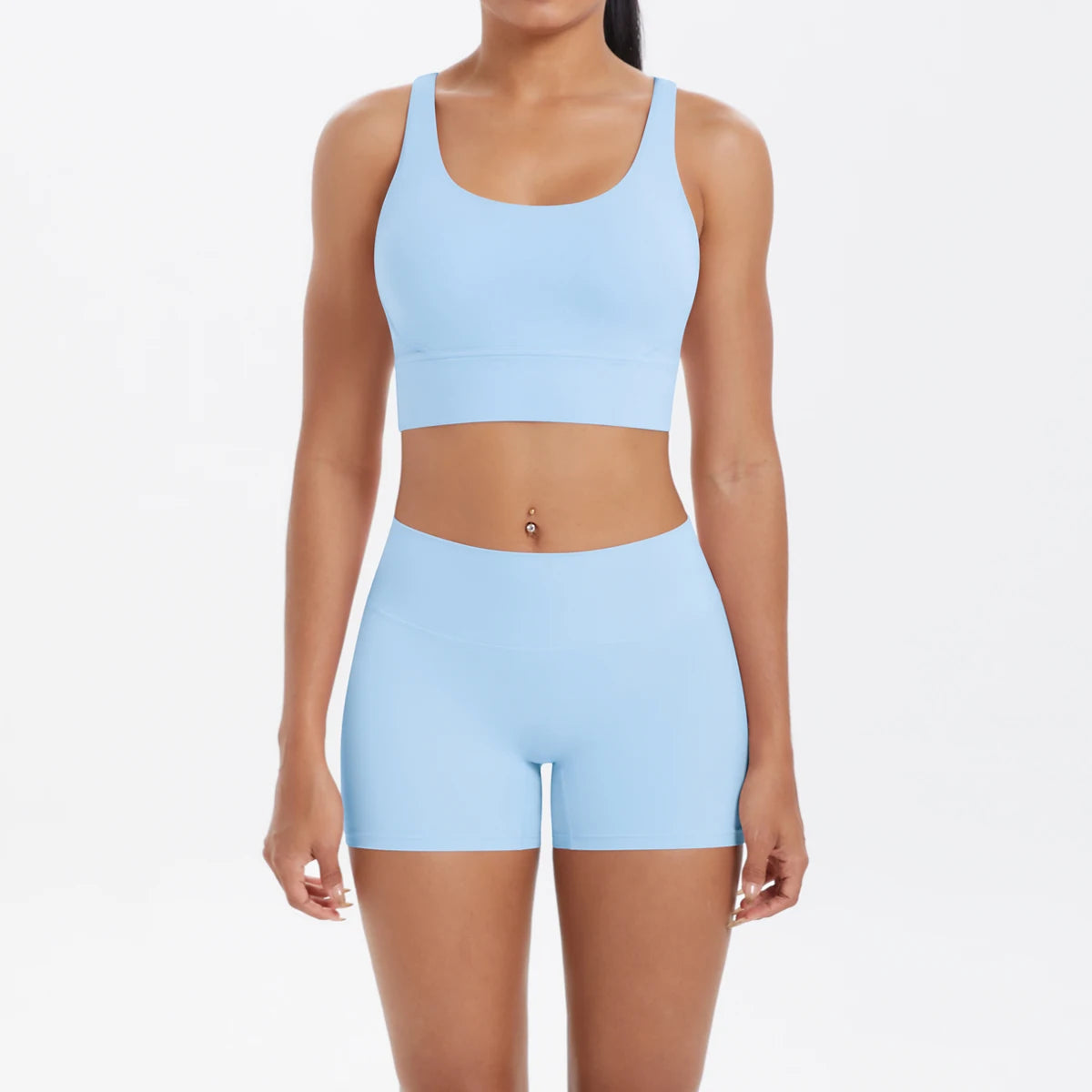 Damen-Yoga-Set Hellblau: Tank-Sport-BH und High-Waist-Shorts mit mittiger Naht