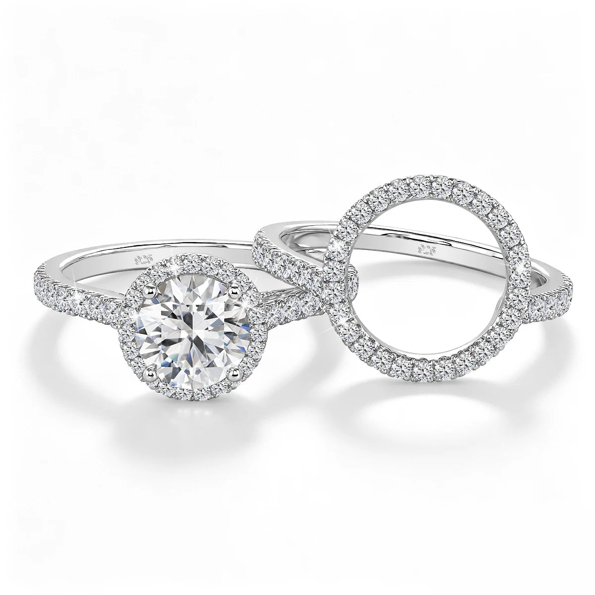 Damen-Verlobungsring-Set aus 925er Silber mit Moissanit Doppel-Halo 7 mm 1,2 ct Luxus-Schmuck