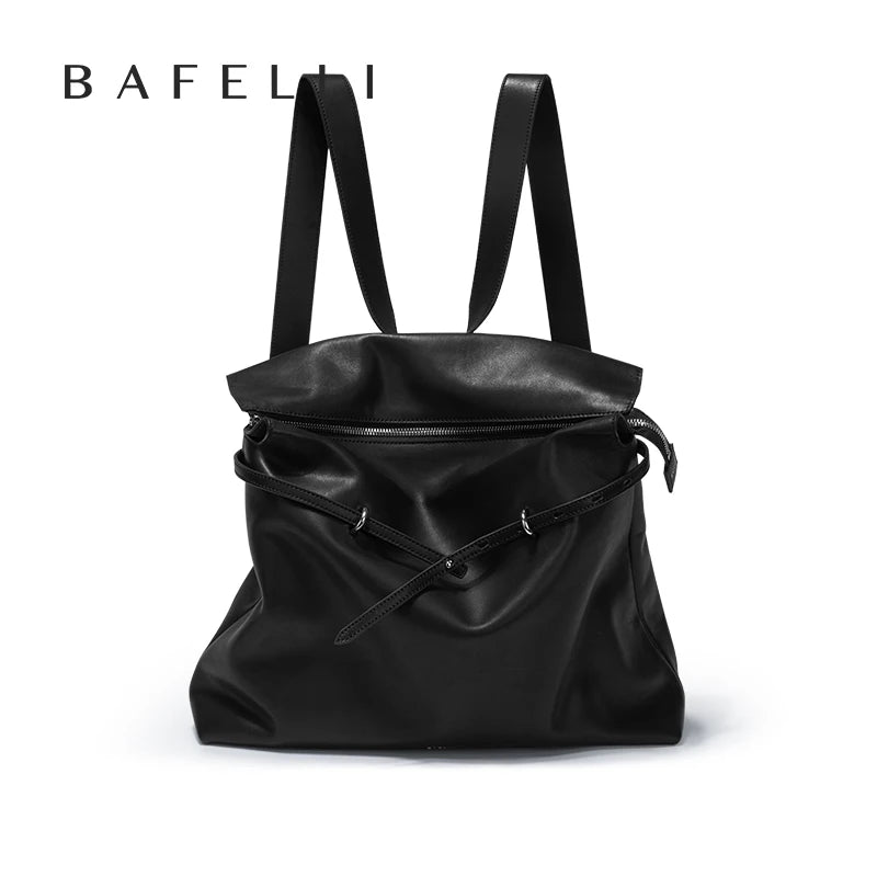 BAFELLI Rucksack aus schwarzem Echtleder mit zwei Trägern und Frontreißverschluss