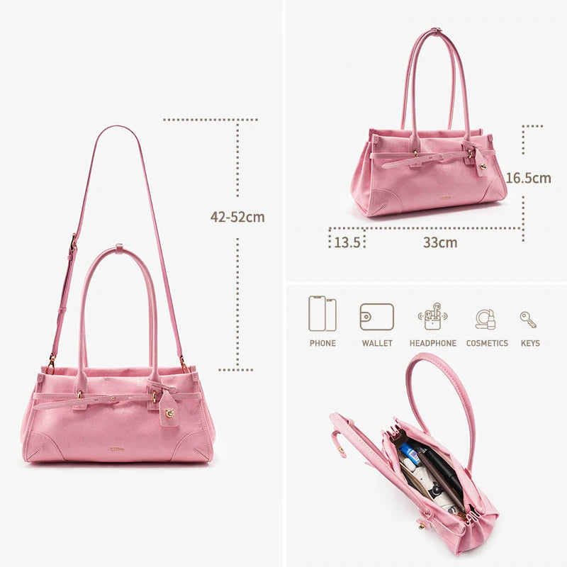Rosa Handtasche mit Tragehenkeln, Innenfächern und kurzem Schulterriemen