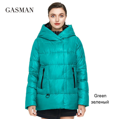Kurze Damen-Winterjacke mit hohem Kragen und Kapuze in Farbblock-Design – warm und hochwertig