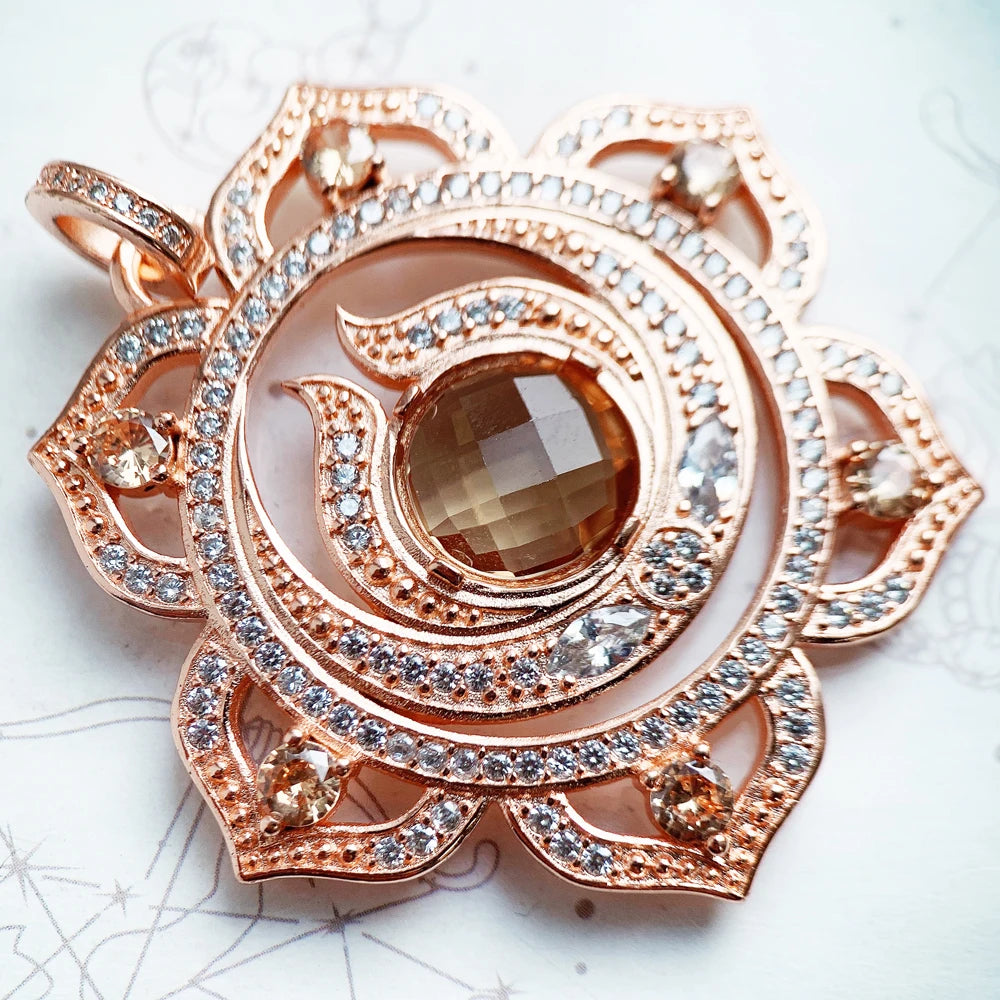 Detailansicht: roségoldener 925-Sterlingsilber-Anhänger mit rundem Stein und funkelnden Ziersteinen