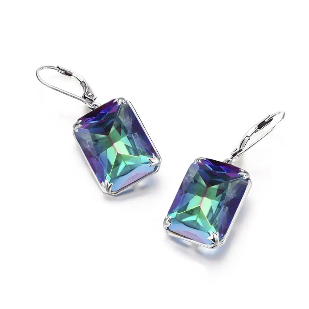 Damen-Ohrringe Silber 925 mit Mystic Regenbogen-Topas im rechteckigen Boho-Stil, Modeschmuck