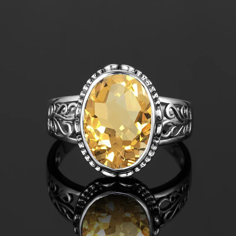Damen-Ring Aus Silber 925 Mit Gelbem Citrin Oval Handgefertigt Bohemia-Stil Ideal Als Brautschmuck