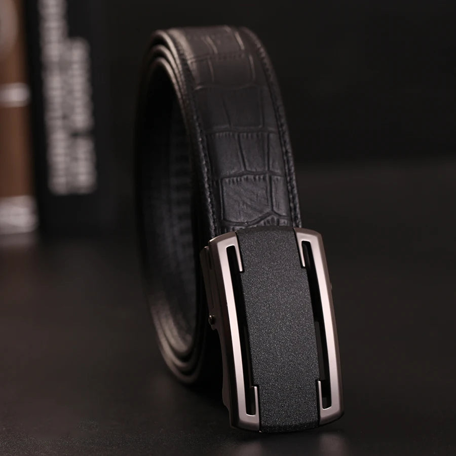 Herren Echtleder-Gürtel Automatik-Schnalle Schwarz 3,5 cm Verstellbar Rindsleder