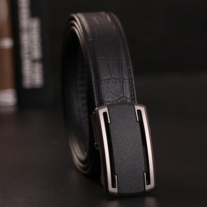 Herren Echtleder-Gürtel Automatik-Schnalle Schwarz 3,5 cm Verstellbar Rindsleder