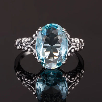 Damen-Ring aus 925er Sterlingsilber mit Aquamarin in Ovalform im Neo-Gotik Stil – Feiner Schmuck Geschenk