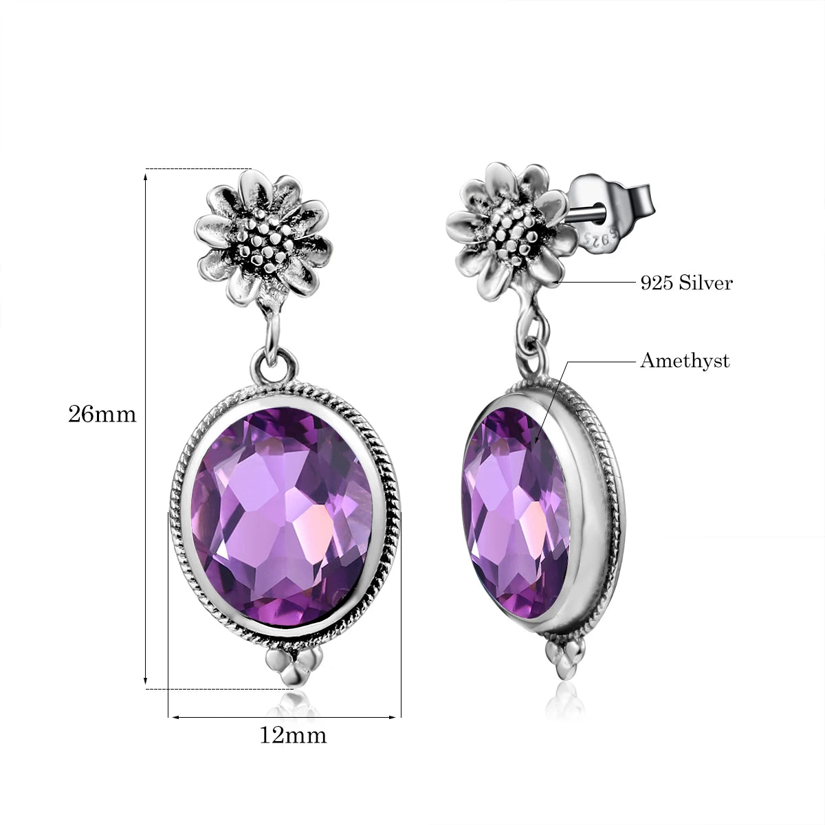 Damen-Ohrstecker Amethyst Ovaler Form 925er Silber Blüten-Design Feine Schmuckqualität