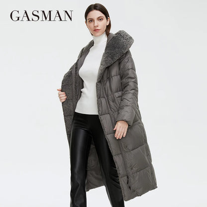 Lange Damen-Daunenjacke mit Reißverschluss, großen Taschen und Stehkragen – Kapuzenparka im klassischen Design