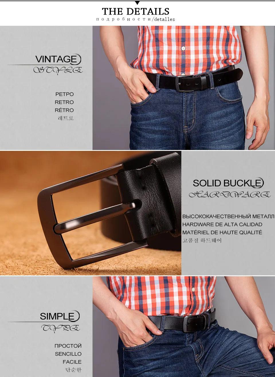 Herren Echtleder-Gürtel 3,8 cm Stiftschnalle Jeans Business Rindsleder Retro