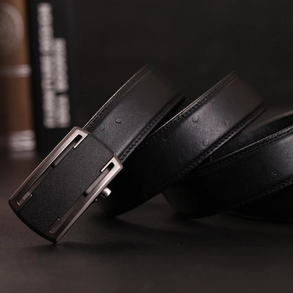 Herren Echtleder-Gürtel Automatik-Schnalle Schwarz 3,5 cm Verstellbar Rindsleder