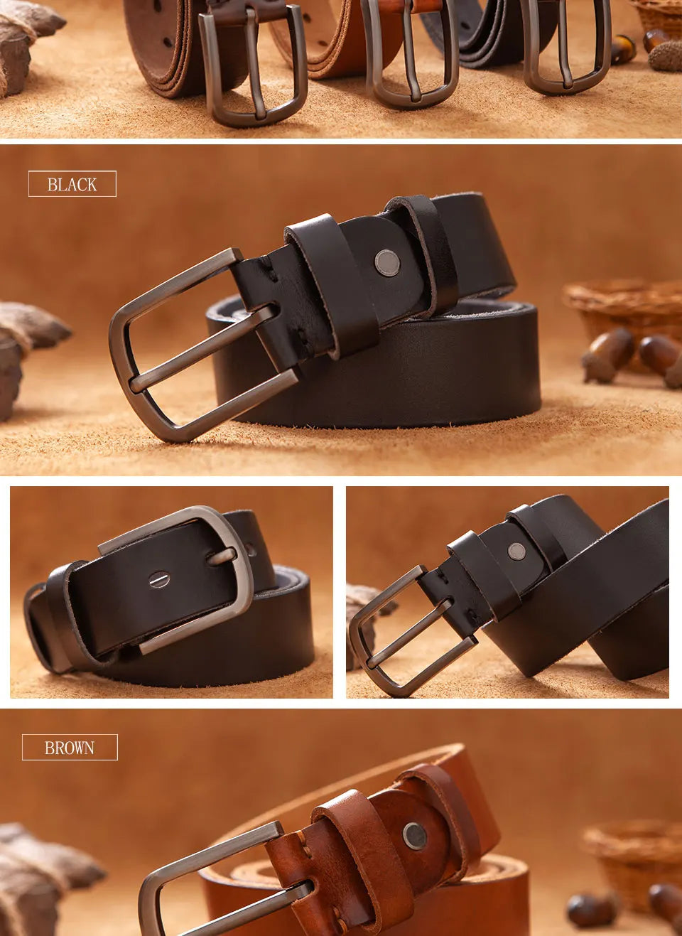 Herren Echtleder-Gürtel Vintage Cowboy-Stil 3,8 cm Rindsleder Braun Luxus Designer