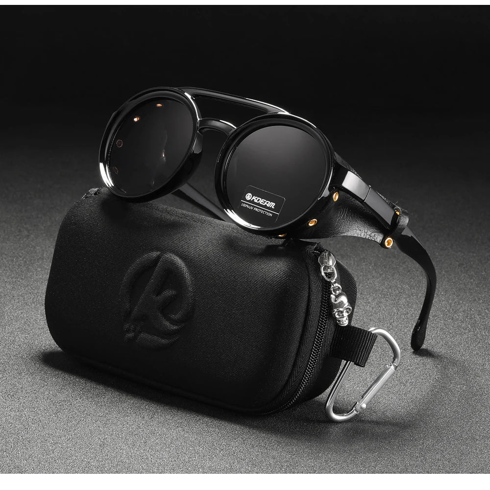 Sonnenbrille rund Vintage Leder-Schild Twin-Bridge polarisiert Herren Damen