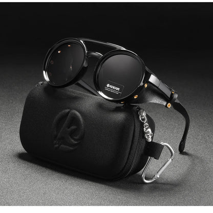 Sonnenbrille rund Vintage Leder-Schild Twin-Bridge polarisiert Herren Damen