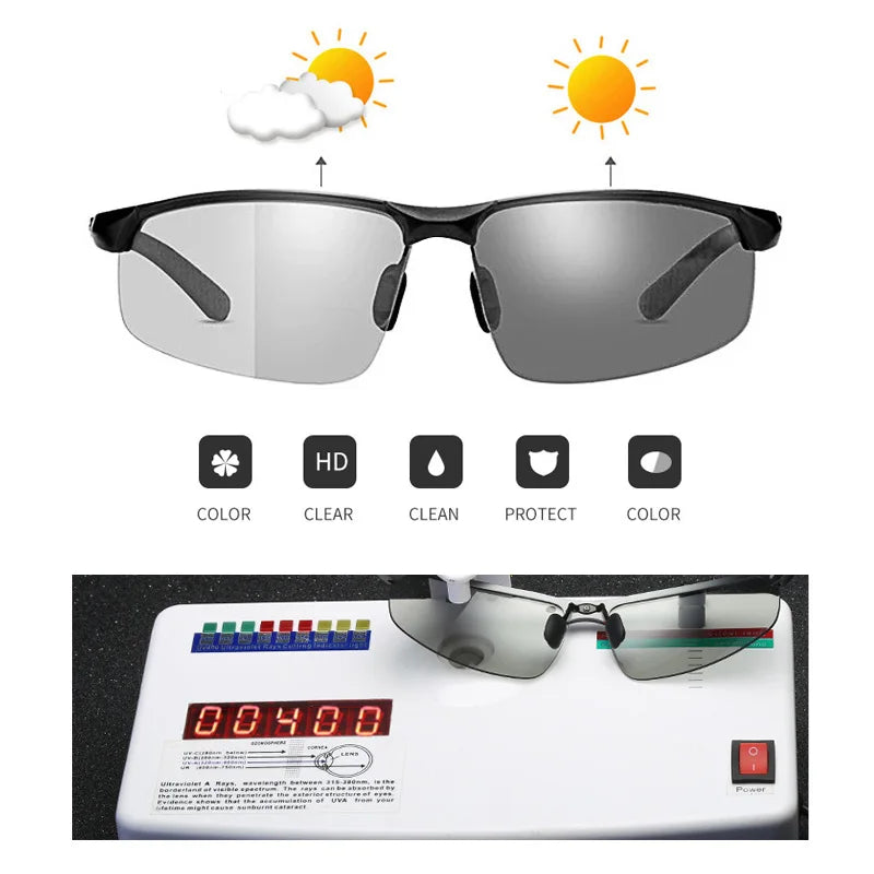 AOWEAR Photochrome polarisierte randlose Sonnenbrille für Herren, Tag und Nacht, Fahren, Chamäleon-Brille, Autofahrer, blendfreie Brille