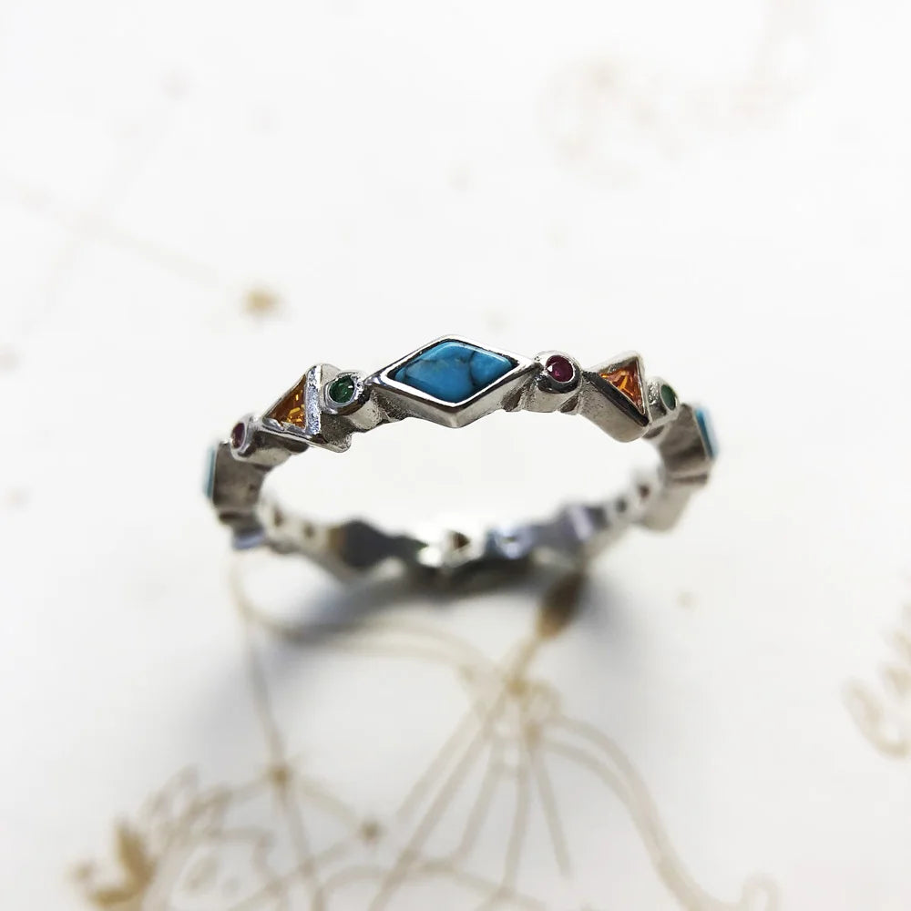 Damen-Ring bunte Steine Türkis Böhmen Sommer aus Sterlingsilber