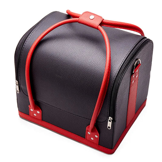 Große Kosmetiktasche aus Kunstleder-Optik, schwarz mit rotem Griff und Tragegurt