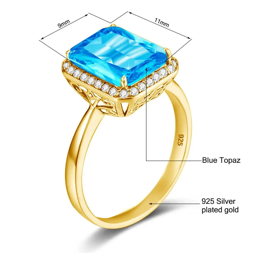 Damen-Ring aus 18K Gold mit Blauer Topas und Diamanten, Quadratische Krappenfassung