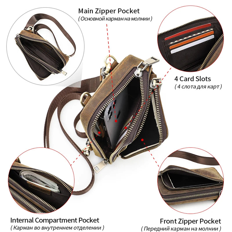 Herren-Ledertasche mit Innenfach, Kartenfächern und Front-Reißverschluss, braun