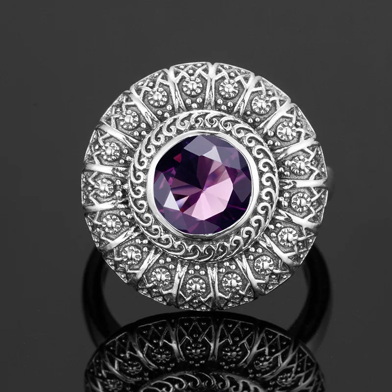 Damen-Ring aus Silber 925 mit Amethyst, Blumendesign, Krappenfassung und feinem Vintage-Look