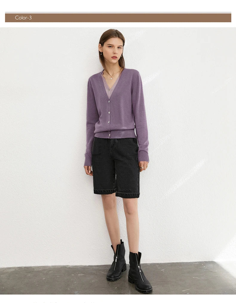 Damen-Strickjacke V-Ausschnitt dünn locker Patchwork Sommer
