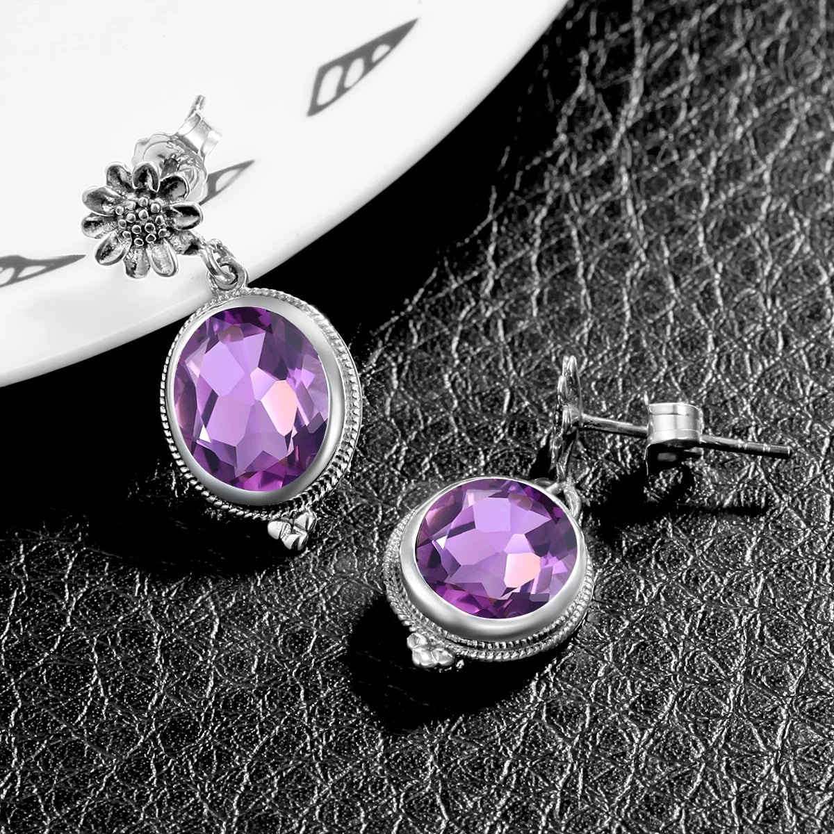Damen-Ohrstecker Amethyst Ovaler Form 925er Silber Blüten-Design Feine Schmuckqualität
