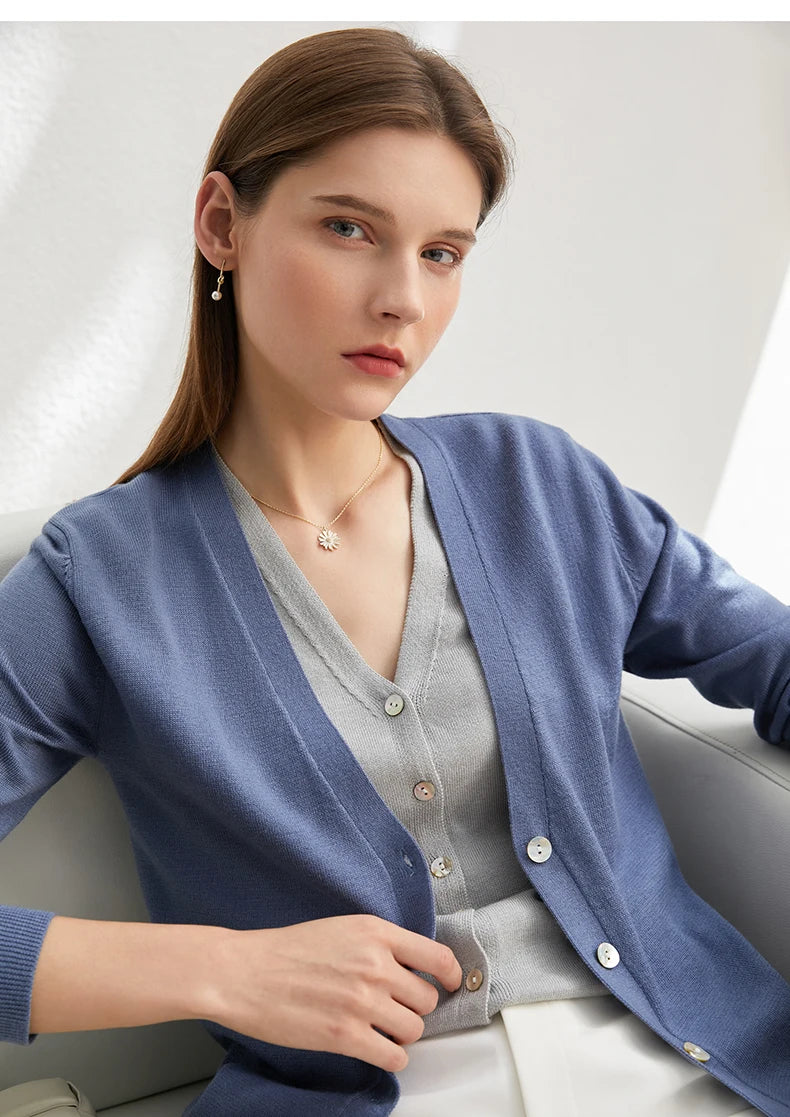 Damen-Strickjacke V-Ausschnitt dünn locker Patchwork Sommer