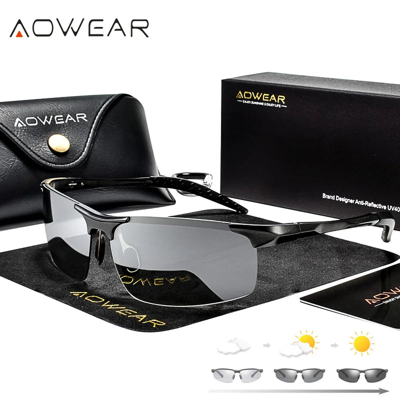 AOWEAR Aluminium Polarisierte Photochrome Sonnenbrille Männer Luxus Qualität Randlose Chameleon Gläser Männlichen Tag Nacht Fahren Sonnenbrille