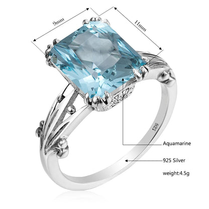 Damen-Ring aus Silber 925 mit Aquamarin Quadrat-Edelstein Boho-Stil Vintage-Look