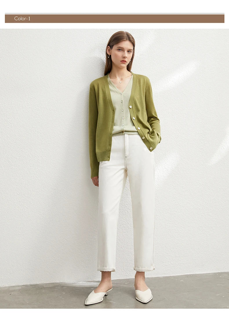 Damen-Strickjacke V-Ausschnitt dünn locker Patchwork Sommer