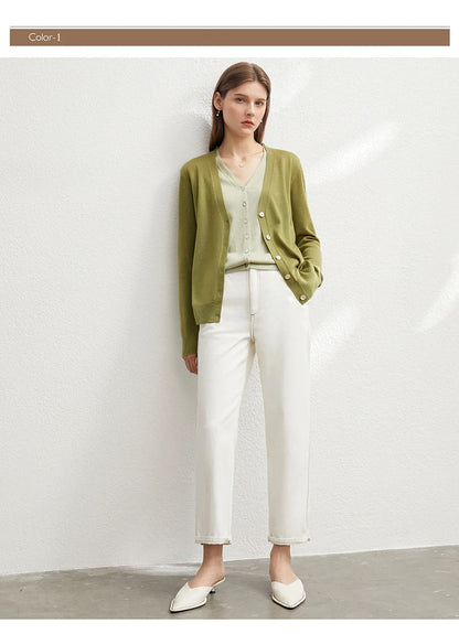 Damen-Strickjacke V-Ausschnitt dünn locker Patchwork Sommer