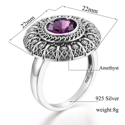 Damen-Ring aus Silber 925 mit Amethyst, Blumendesign, Krappenfassung und feinem Vintage-Look