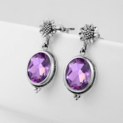 Damen-Ohrstecker Amethyst Ovaler Form 925er Silber Blüten-Design Feine Schmuckqualität