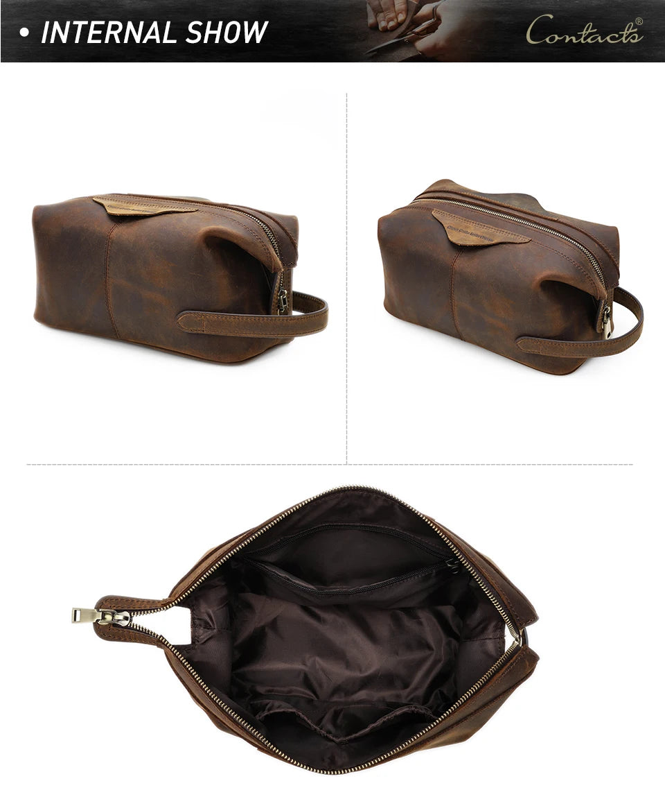 Herren-Kosmetiktasche aus braunem Leder mit Trageriemen und Reißverschluss, offen